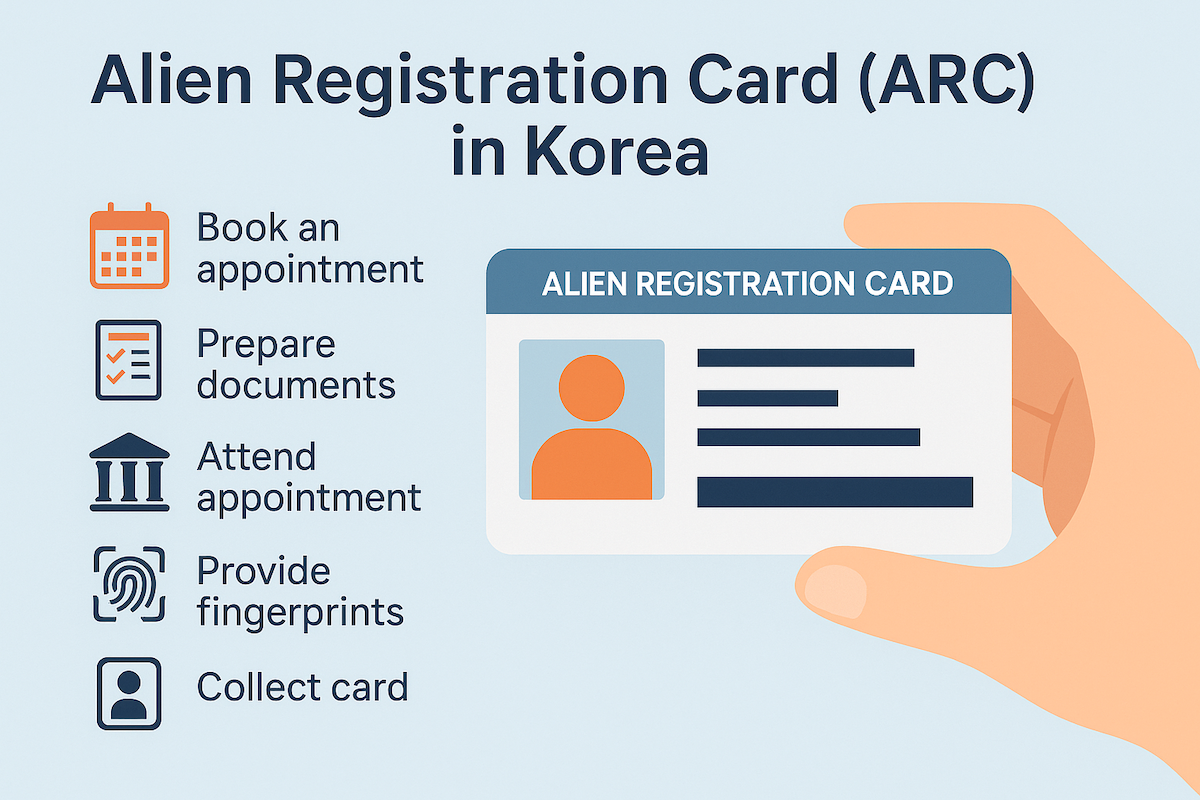 "Infographic showing the steps to apply for an Alien Registration Card (ARC) in Korea, including booking an appointment, preparing documents, attending the immigration office, providing fingerprints, and collecting the ARC card."