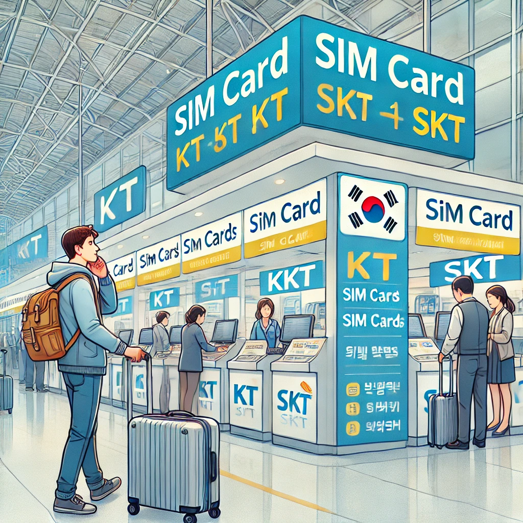DALL·E 2025-08-24 13.45.24 - An illustration showing a foreign traveler at Incheon Airport looking for a SIM card booth. The traveler appears to be non-Korean, pulling luggage and “Incheon Airport’s SIM card booths for travelers – KT and SKT counters”
