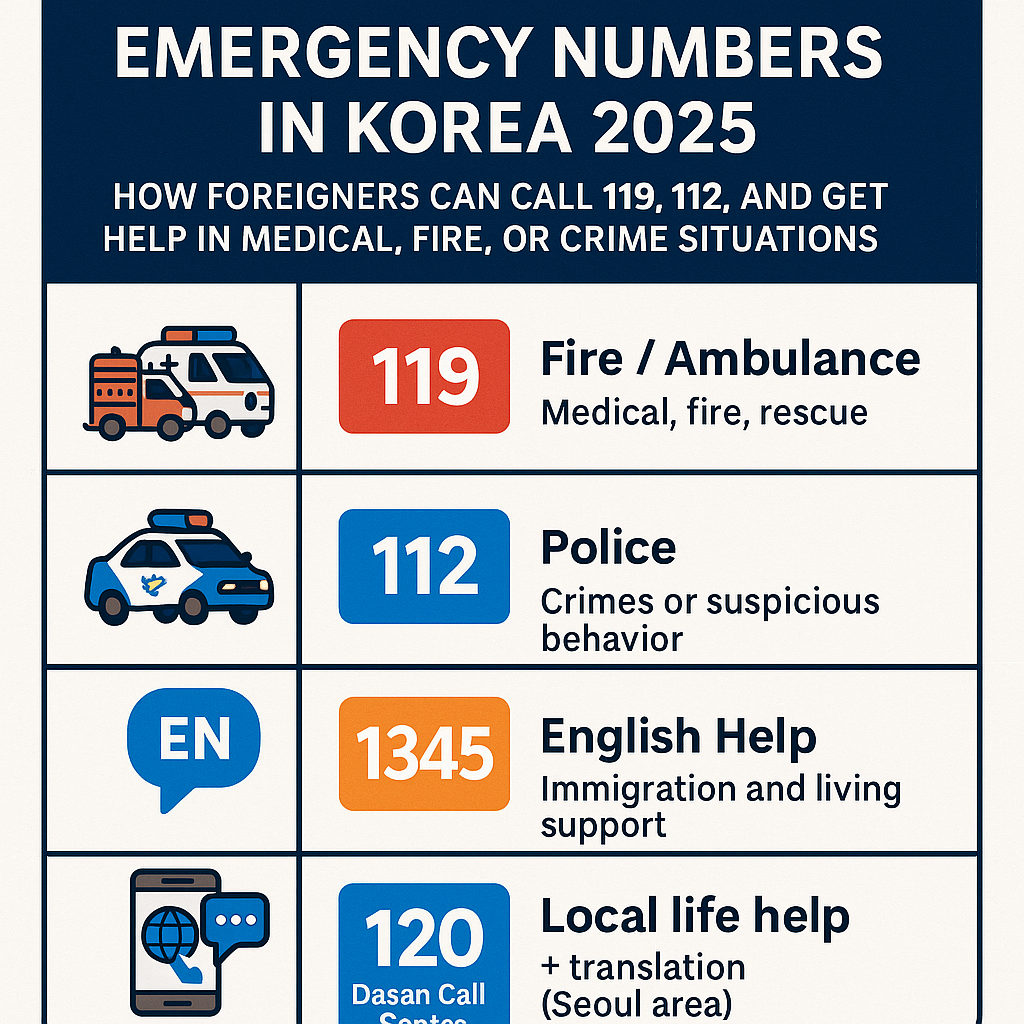 “Infographic of Korea emergency numbers showing 119 for fire and ambulance, 112 for police, and foreigner support hotlines with English translation services.”