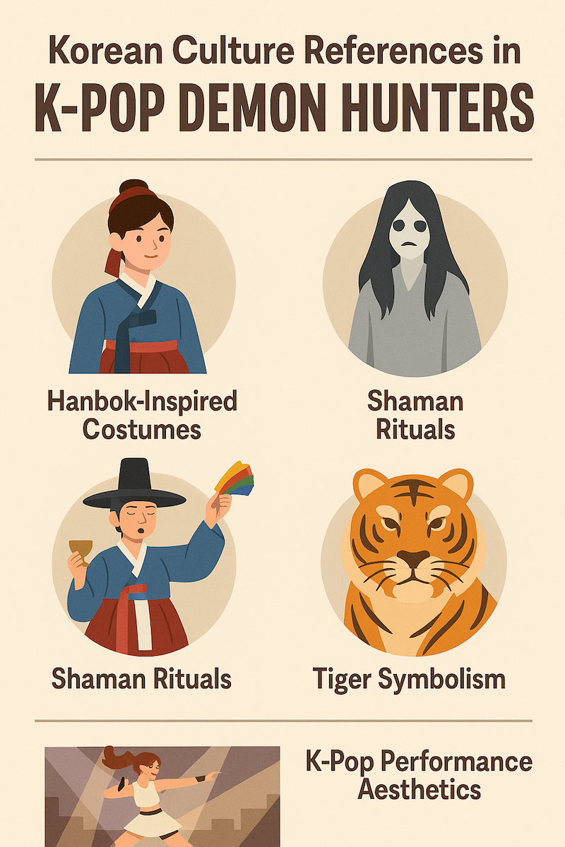 “Infographic showing Korean cultural references in K-POP Demon Hunters, including hanbok-inspired costumes, gwisin ghosts, shaman rituals, tiger symbolism, and K-pop performance aesthetics.”