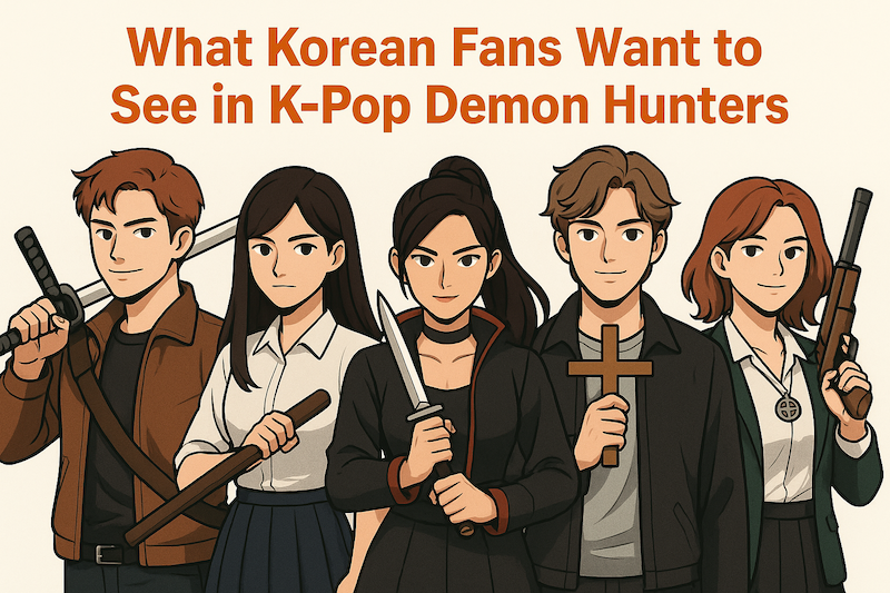 kpop-demon-hunters-korean-fans-perspective âGroup illustration of K-POP Demon Hunters characters with weapons, showing Korean cultural symbolism and what local fans want to see in the series.â