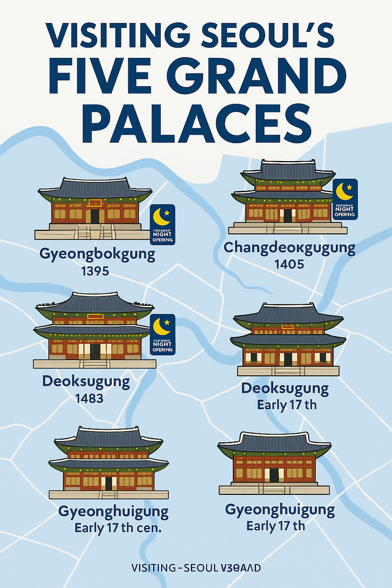 “Infographic map of Seoul’s five grand palaces showing Gyeongbokgung, Changdeokgung, Changgyeonggung, Deoksugung, and Gyeonghuigung with icons for history, night openings, and cultural highlights.”