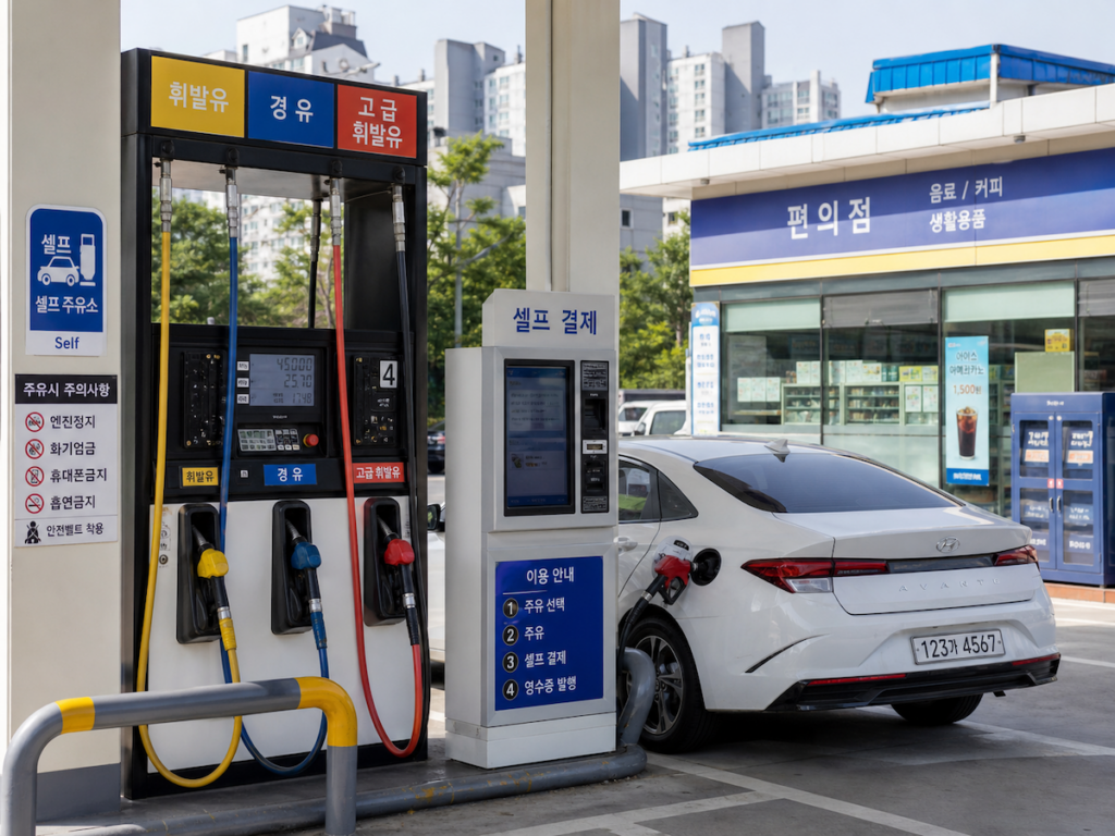 Self-service gas station in Korea showing gasoline and diesel prices for foreign drivers