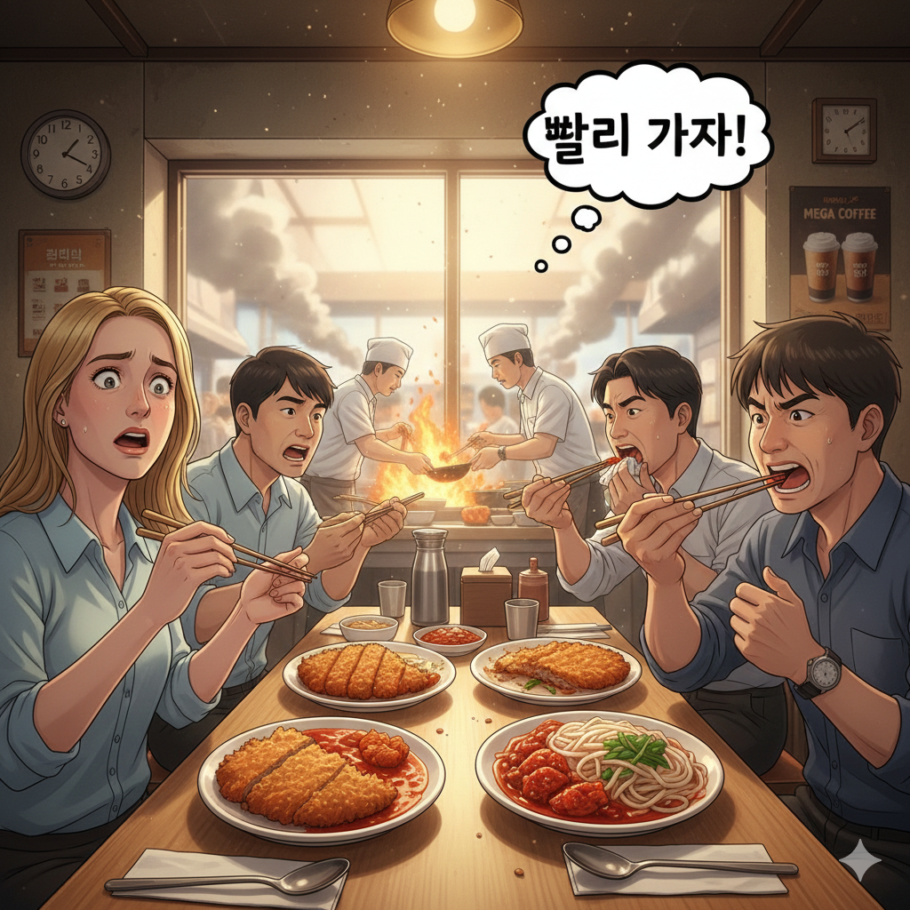 Gemini_Generated_Image_kdmp24kdmp24kdmp A vivid animation showing Korean office workers intensely eating Donkatsu and Jeyuk-bokkeum while checking their watches, illustrating the high-speed 10-minute lunch race in Seoul.