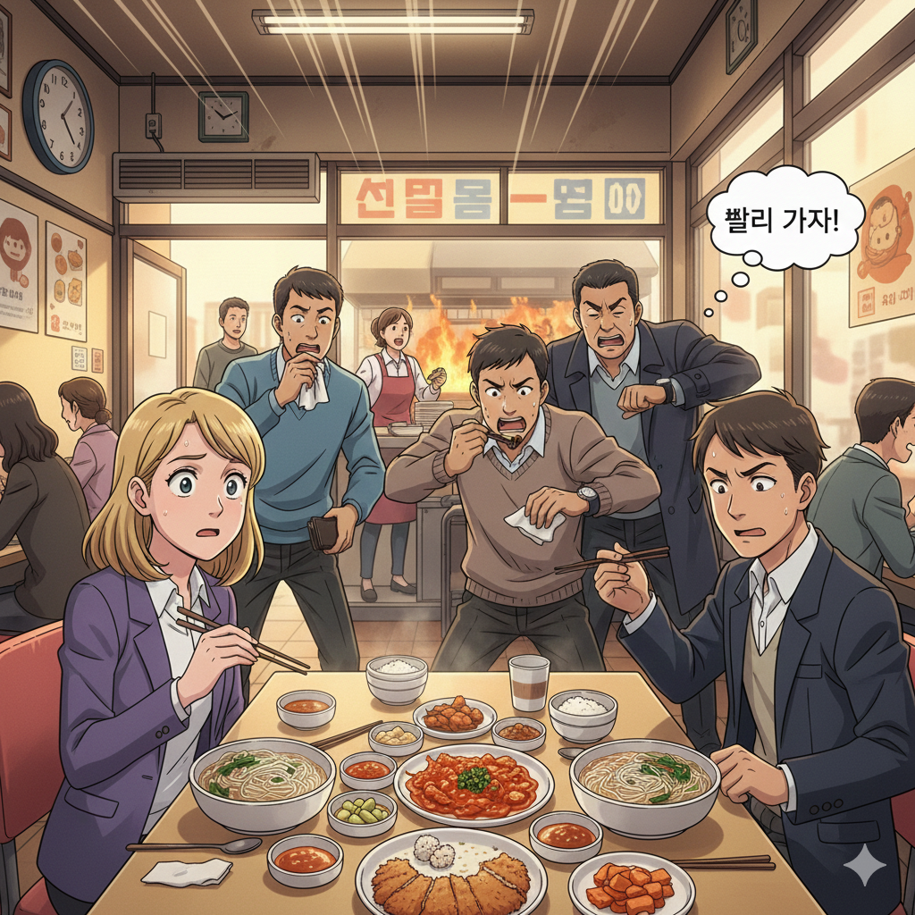 An anime-style illustration of a confused expat woman at a busy Korean restaurant, surrounded by male colleagues eating fast and rushing to finish their lunch, reflecting the Pali-Pali culture.