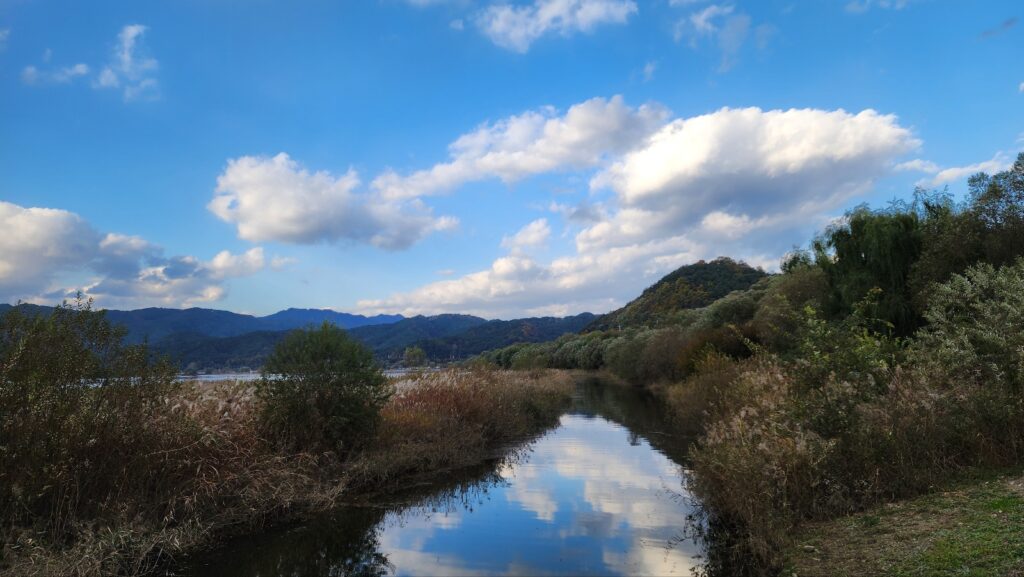 Colorful autumn foliage reflected on a calm valley stream in Naejangsan National Park.