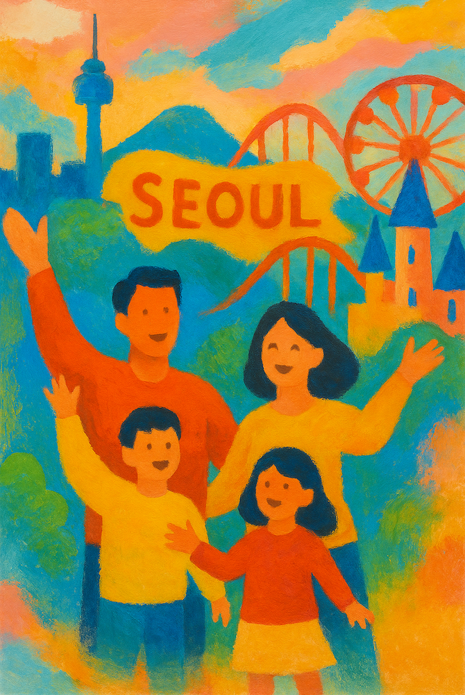 “Colorful abstract painting symbolizing happy family travel in Seoul, blending cityscape shapes with playful tones and warm atmosphere.”