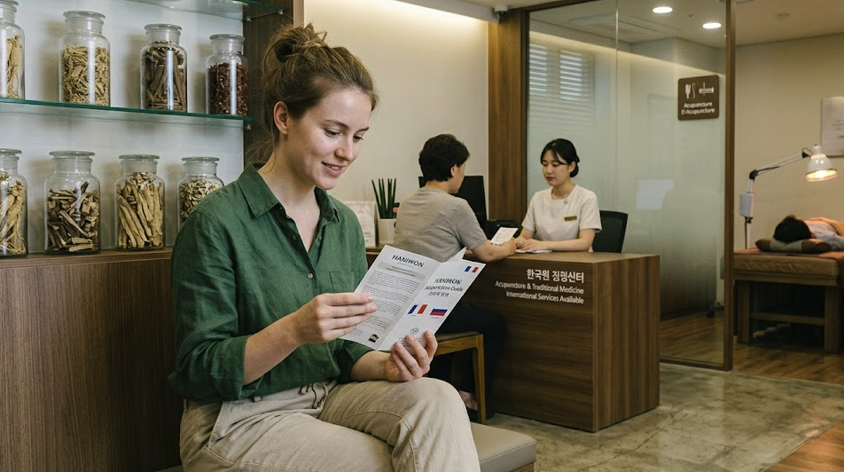 acupuncture-in-seoul-foreigners-guide-cost A candid photograph of a young Caucasian woman reading a multi-language (English/Korean) informative brochure in the waiting area of a clean, modern Haniwon in Seoul, highlighting the accessibility of Korean medicine.