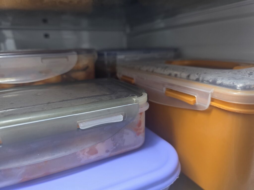 Close-up of premium airtight food storage containers inside a fridge, highlighting the vacuum seal for freshness.