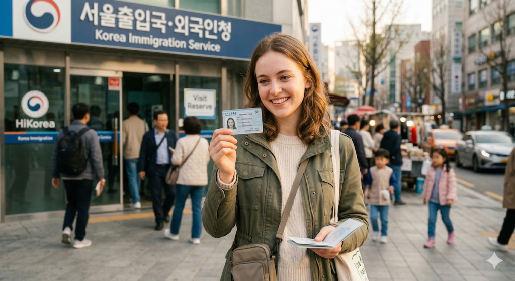 A cheerful Caucasian woman holding her newly issued Alien Registration Card (ARC) Korea (Residence Card) in front of the Seoul Immigration Service office, smiling with relief and satisfaction as a recognized resident during the Alien Registration Card (ARC) Korea Guide 2026 ritual.