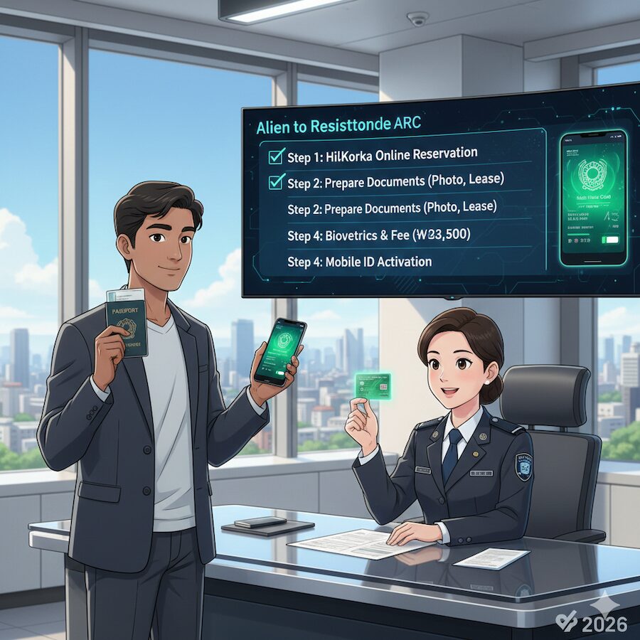 alien-registration-card-korea-2026-application-process-guide An animation showing a foreign man holding his passport and a smartphone with the **Alien Registration Card Korea** Mobile ID, while a female immigration officer in a 2026 uniform presents the physical residence card.