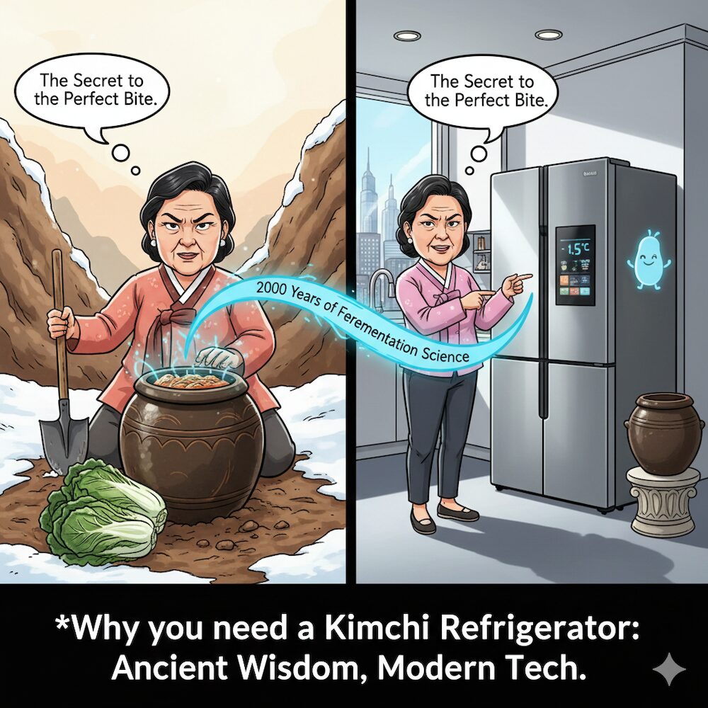 A split screen showing ancient Korean kimchi pots buried in the snow on one side and a modern high-tech kimchi refrigerator on the other, illustrating why you need a kimchi refrigerator for perfect fermentation.