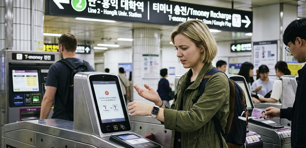 apple-pay-tmoney-korea-subway-gate Apple Pay T-money Korea used at a Seoul subway gate by a foreign traveler with an iPhone