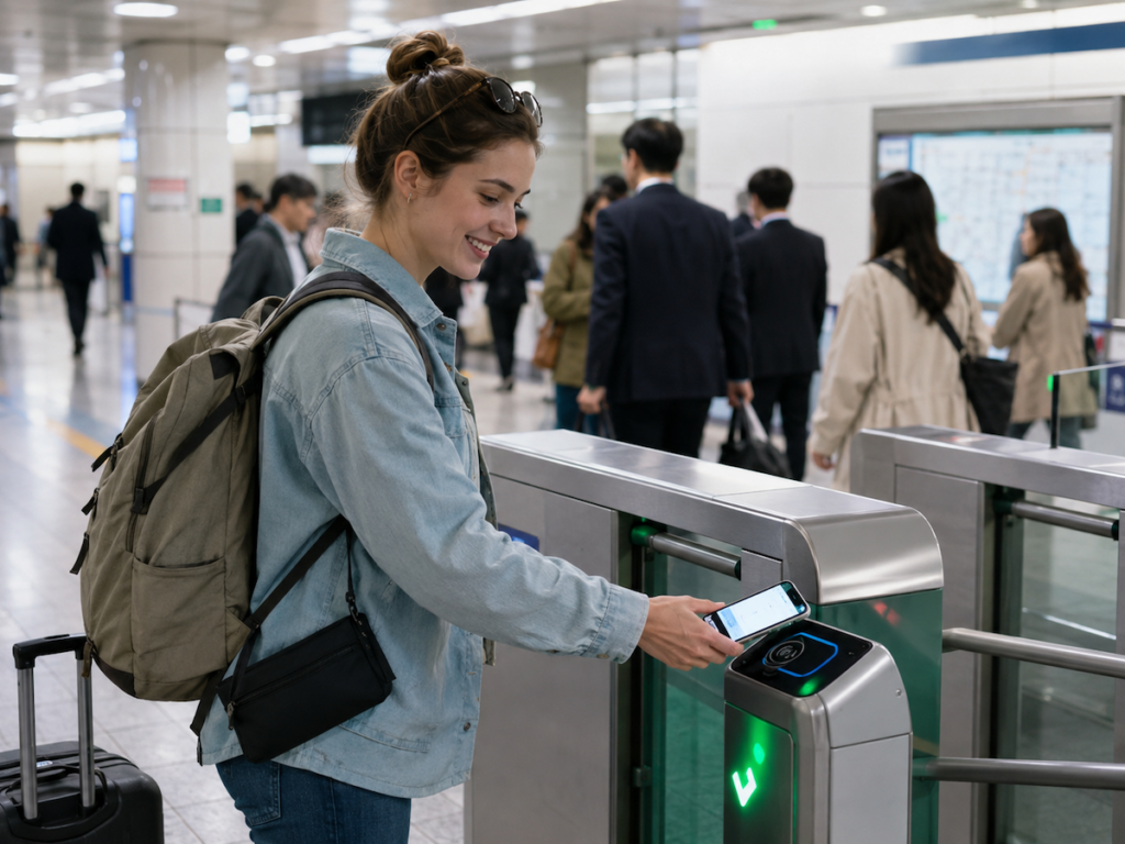 Apple Pay T-money Korea being used by a foreign tourist at a Seoul subway gate with an iPhone