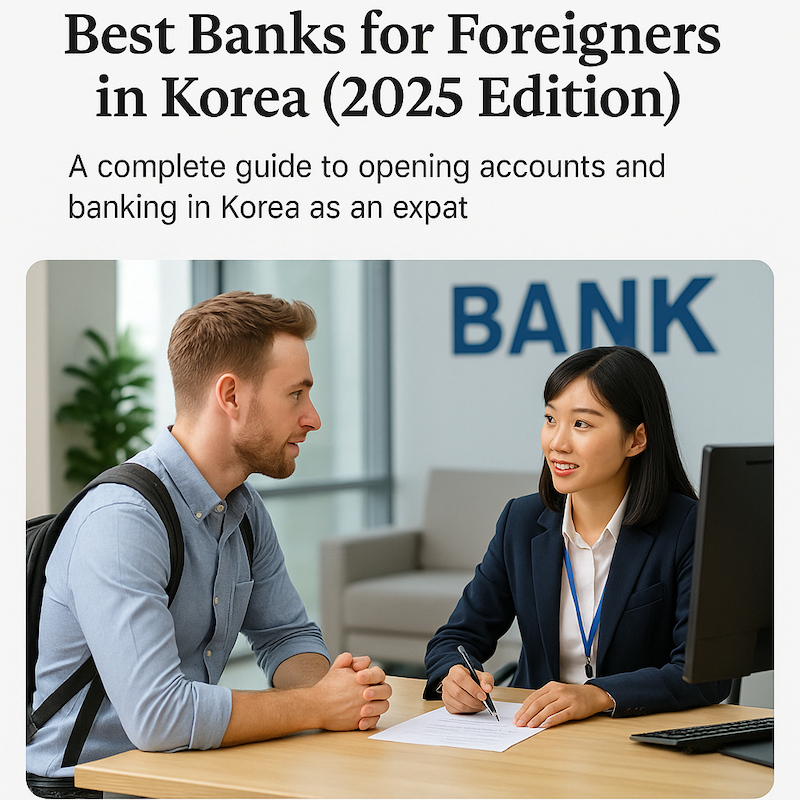 “A foreigner consulting with a Korean banker at a modern bank branch in Seoul, representing expat-friendly banking services in Korea.”