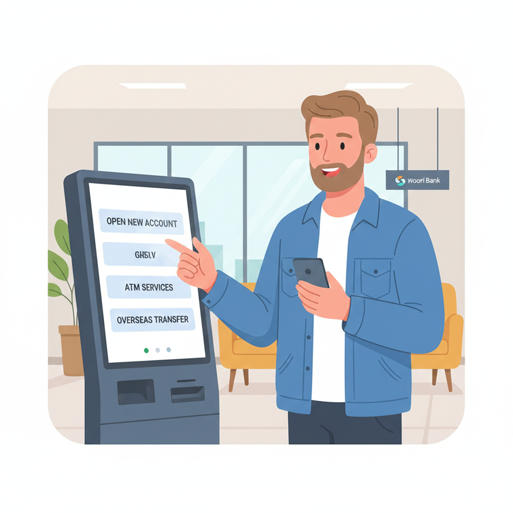 A happy foreign traveler using an English-language kiosk at a South Korean bank to manage high-yield savings.