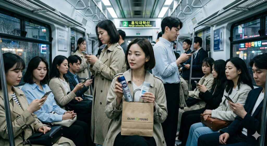 A stylish traveler holding an Olive Young shopping bag with products matching the Korean Deodorant and Body Scent Etiquette Guide inside a crowded Seoul subway car, symbolizing the odorless social contract.