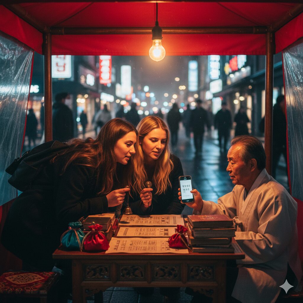 Two foreign women consulting a traditional Saju master under a street tent for the best Saju and fortune telling experiences in Korea, using a smartphone for interpretation.