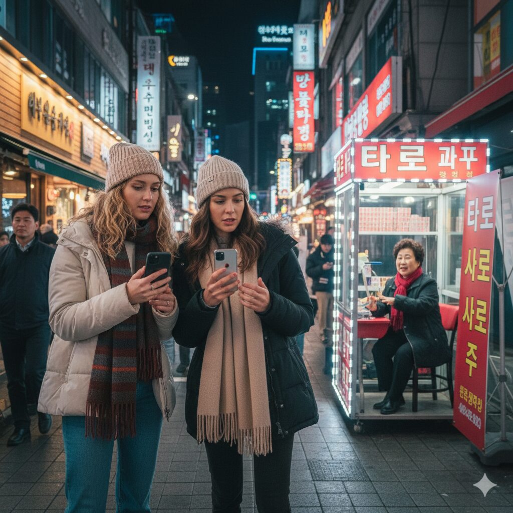 best-saju-fortune-telling-experiences-korea-foreigners-street Two foreign women exploring the vibrant street for the best Saju and fortune telling experiences in Korea, holding smartphones for translation.
