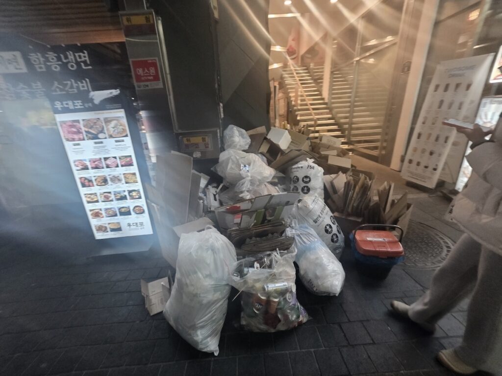 best-seoul-night-road-myeongdong-alley-waste A gritty, realistic shot of a Myeongdong back alley along the Best Seoul Night Road. White translucent bags of waste and flattened cardboard boxes are stacked high against a dark pillar with a "위험" (Danger) sign. A menu board for "Udaepo" (우대포) is visible on the left, illustrating the massive cleanup ritual after a busy Saturday night.