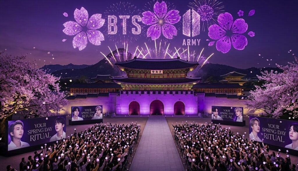 A grand, cinematic view of Gwanghwamun Gate illuminated in purple, with fireworks and cherry blossoms, for the **BTS Gwanghwamun Locations 2026** "Spring Day" ritual.