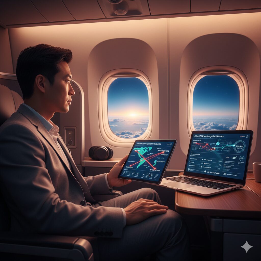 An elite traveler in a premium cabin reviewing global flight paths on digital devices during the longest direct flight from Korea 2026, showcasing the ultimate high-altitude sanctuary.