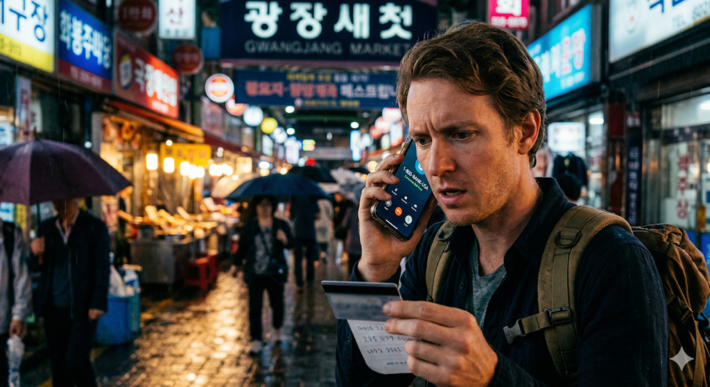 call-1-800-from-korea-gwangjang-market-rainy-night A tourist navigating a rainy Gwangjang Market while searching for how to call 1-800 from korea to reach their bank’s customer service.