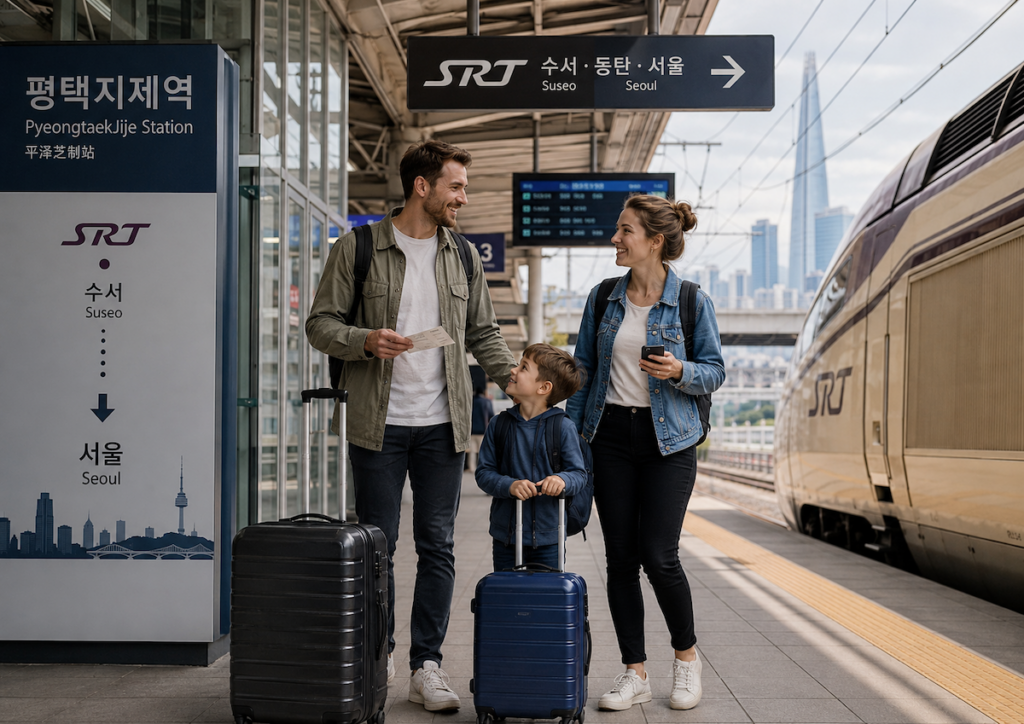 A foreign family planning the Camp Humphreys to Seoul route by train, showing PyeongtaekJije Station, SRT, and Suseo Station