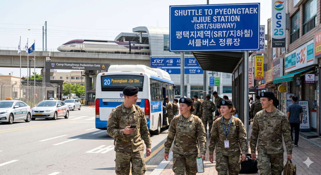 Four US Army soldiers standing at a shuttle bus stop outside the base gate, looking at a navigation app to plan their route from Camp Humphreys to Seoul. The blue station sign clearly displays transit information in English and Korean, with a white shuttle bus parked nearby and a sleek SRT high-speed train passing on the elevated tracks in the background.