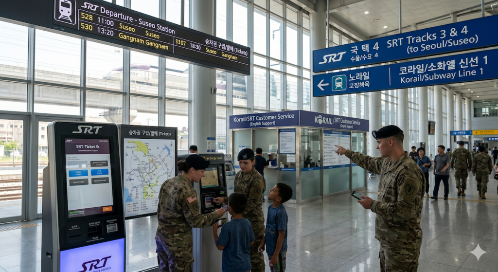 camp-humphreys-to-seoul-transit-guide-srt-kiosk-ticket-purchase A USFK soldier and his young son using an automated ticket kiosk with an English interface to book their transit from Camp Humphreys to Seoul. Large, clear blue directional signs hang from the high ceiling of the station concourse, showing platform paths for the SRT to Suseo and Korail trains to Yongsan, while a digital departure board displays upcoming train schedules.
