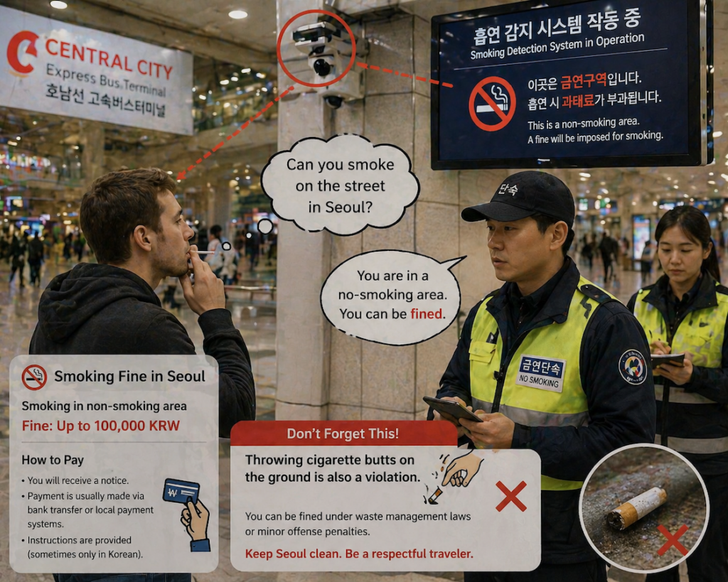 can you smoke on the street in seoul showing a smoking detection system and fine warning in a no smoking area