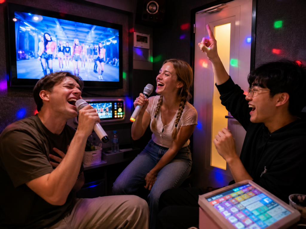 How to use coin noraebang in Korea with three foreign friends singing together in a small Korean karaoke booth