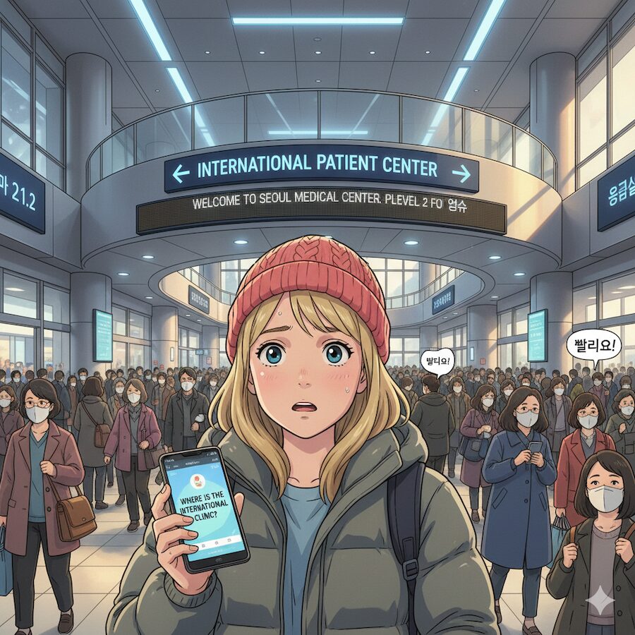 confused-foreigner-at-crowded-seoul-hospital-international-clinic-guide An anime illustration of a worried blonde foreigner holding a smartphone in a crowded Seoul hospital, looking for an **English Speaking Hospitals Seoul Foreigners Guide** to find the International Patient Center.