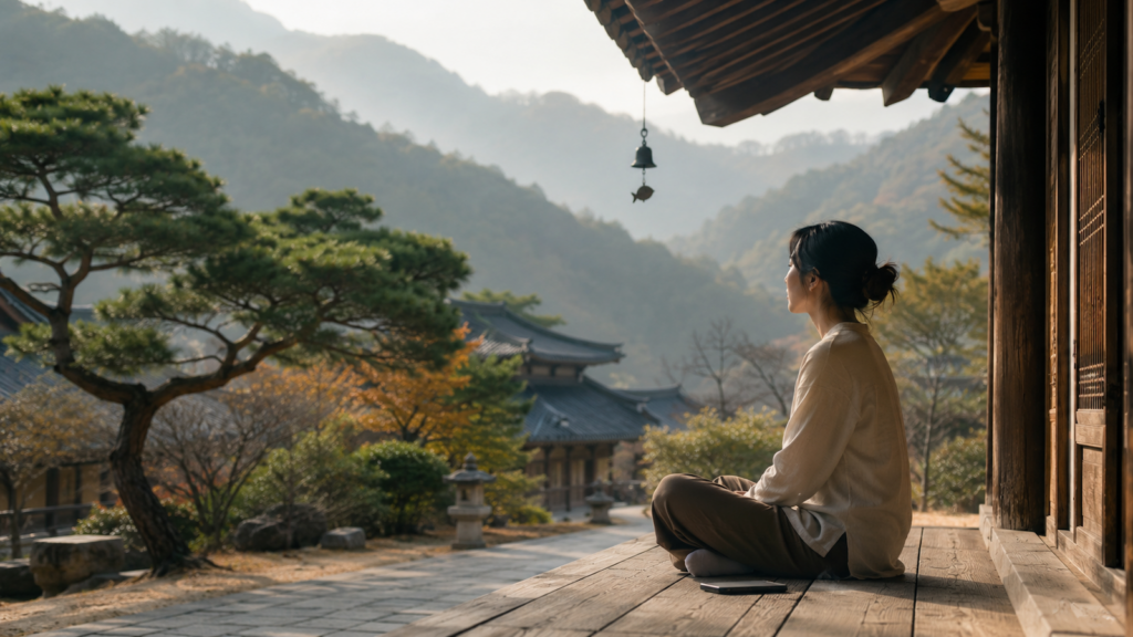 Digital detox Korea image showing a traveler sitting quietly at a mountain templestay, reflecting the slower and calmer side of Korea