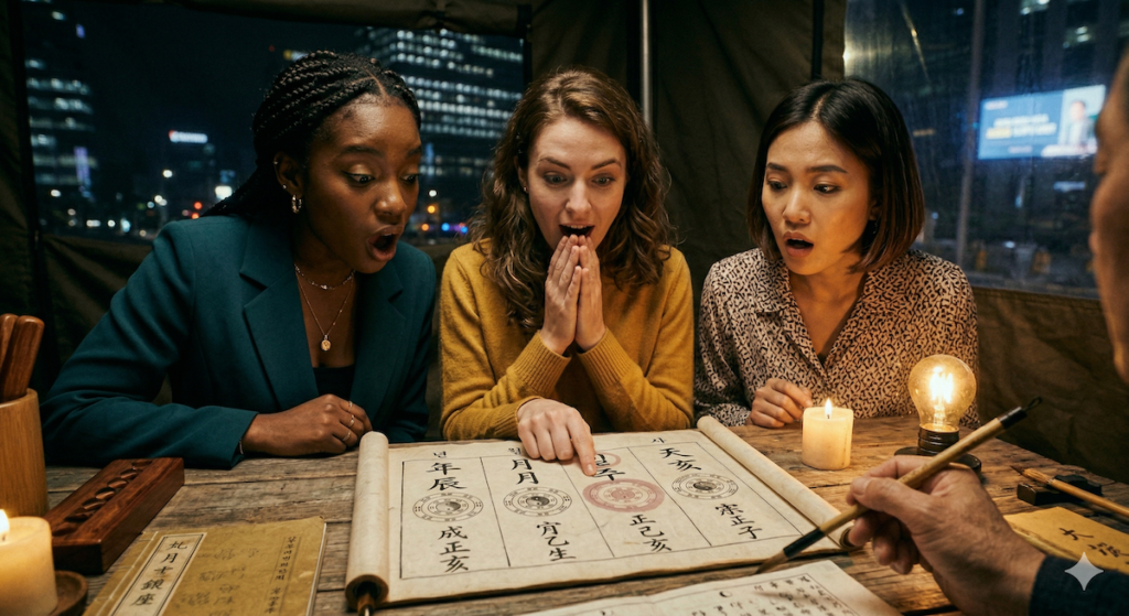 diverse-international-women-saju-palja-revelation-gwanghwamun-seoul A dynamic moment of diverse young international women expressing genuine awe during a Saju reading in Seoul for foreigners. They are gathered around a traditional Saju-palja birth chart inside an atmospheric tent in Gwanghwamun, witnessing the ritualistic interpretation of their cosmic coordinates as a unique Korean souvenir.