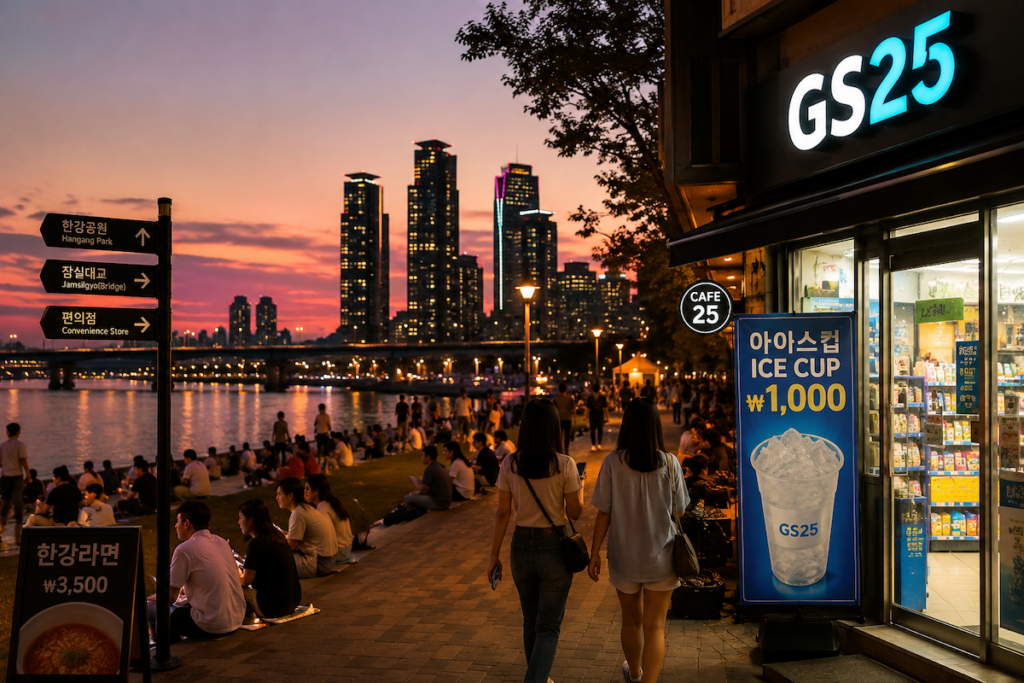 Early Summer in Seoul at Han River Park with foreigners and locals enjoying warm night walks, convenience store ice cups, and Seoul skyline views