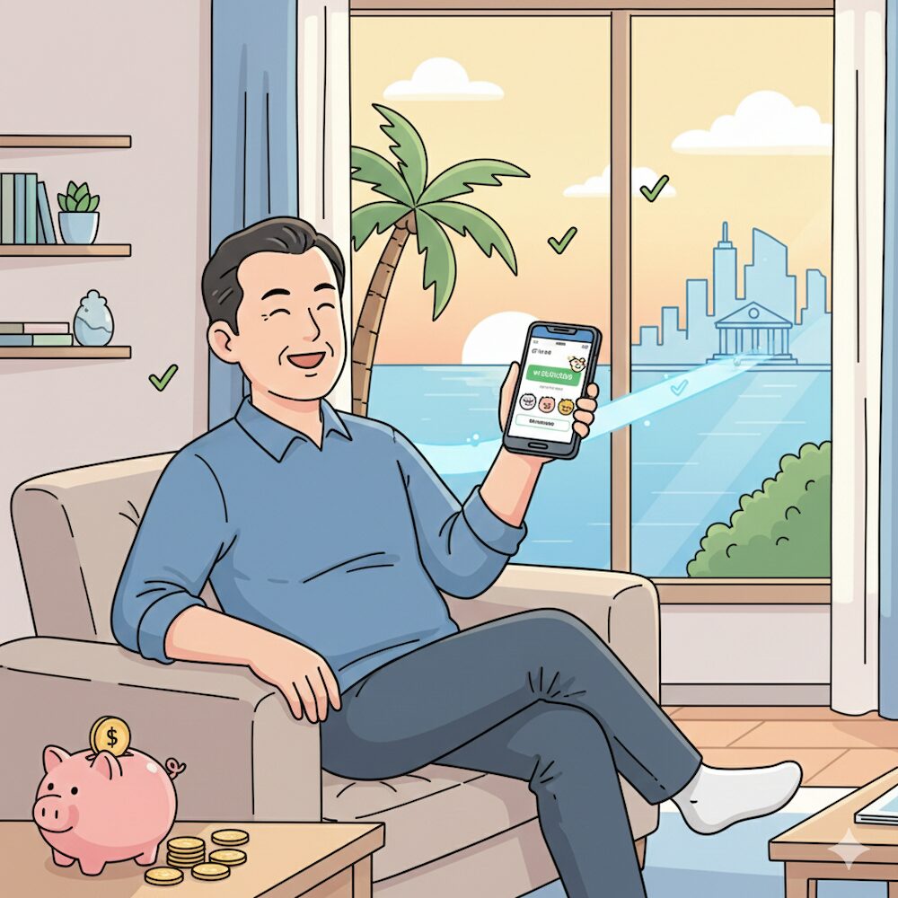 easy-korean-bank-management-from-usa-relaxed A relaxed man smiling and easily managing his Korean bank account from USA on his phone, with a peaceful beach view in the background.