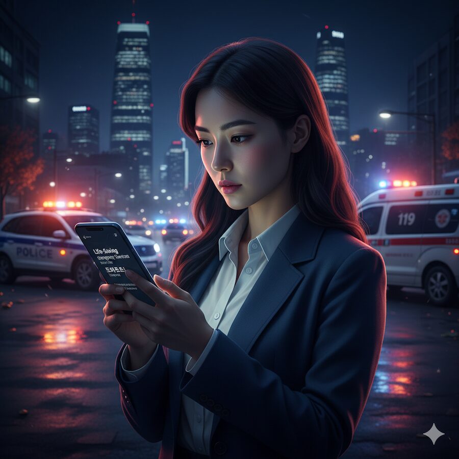 A cinematic illustration of a worried foreign woman checking her smartphone for **Emergency Services in Korea for Foreigners**, with a 112 police car and 119 ambulance in the blurred neon background of Seoul at night.