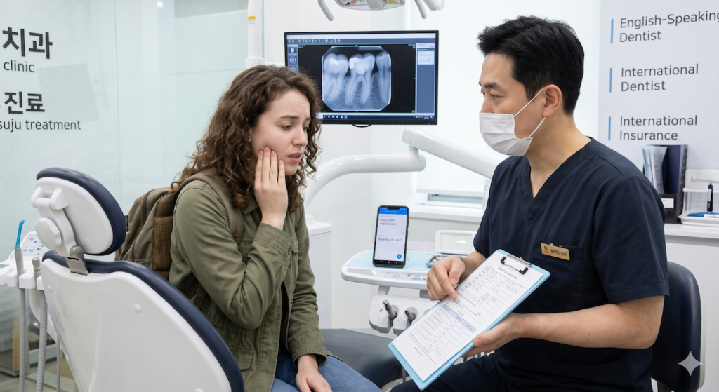 english-speaking-dentist-in-korea-dental-consultation English-speaking dentist in Korea image showing a foreign patient receiving a calm dental consultation in a modern Korean clinic