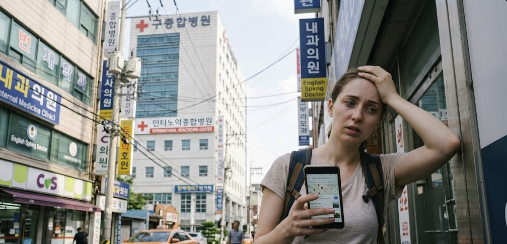 English-speaking hospitals in Seoul image showing a foreign patient speaking with hospital staff about symptoms, costs, insurance, and treatment options