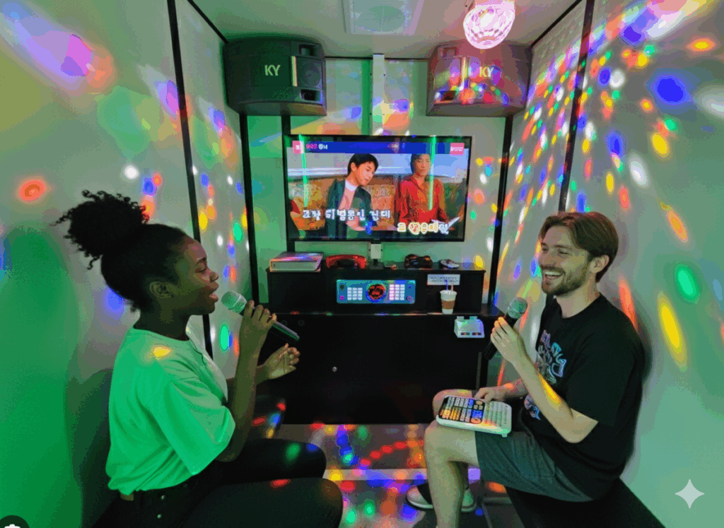 A foreign couple singing together inside a small coin noraebang booth in Korea, enjoying the K-pop karaoke experience.