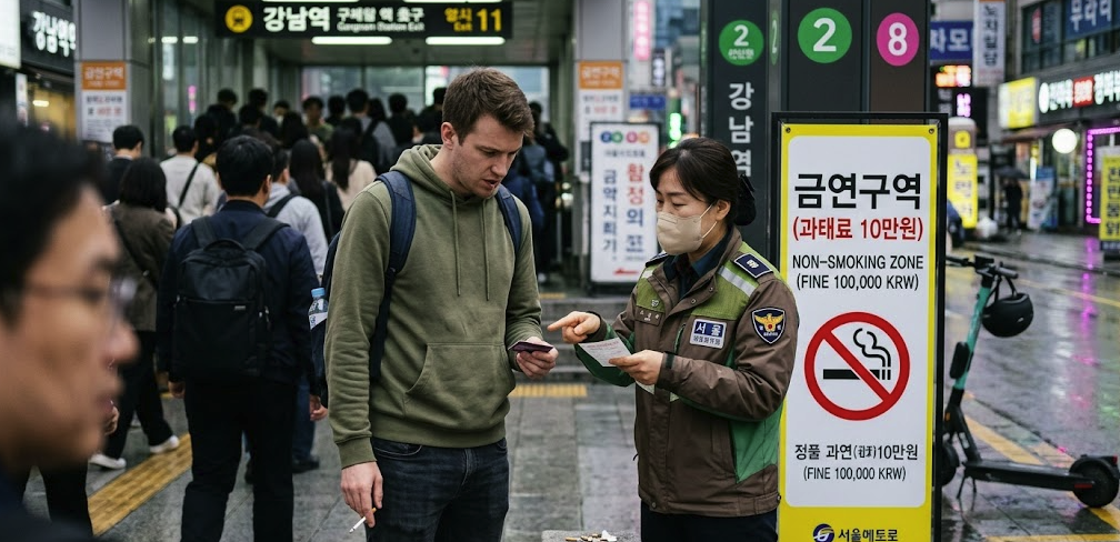foreign-tourist-smoking-fine-gangnam-seoul Foreign tourist caught smoking in a non-smoking area near Gangnam Station in Seoul under Korean Rules Foreigners Get Fined For