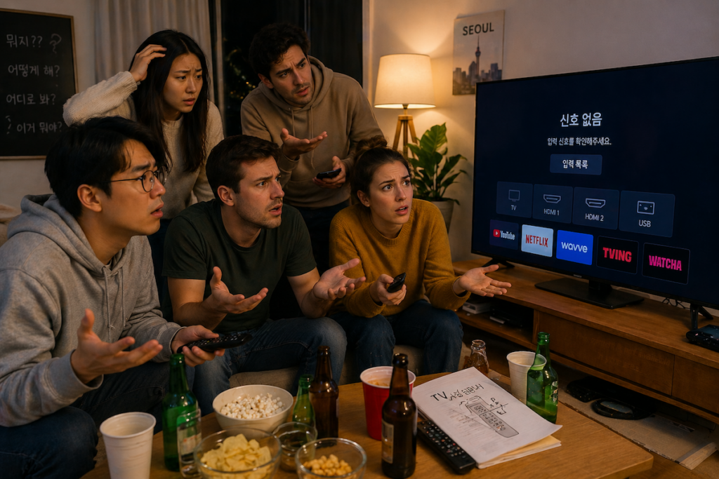 A close-up photograph of a young Caucasian woman holding a complex Korean IPTV remote control and pointing it towards a TV set-top box. She looks slightly confused, representing the "TV Remote Trauma" and the need for a comprehensive Watching Korean TV Guide for Foreigners in Seoul (2026).