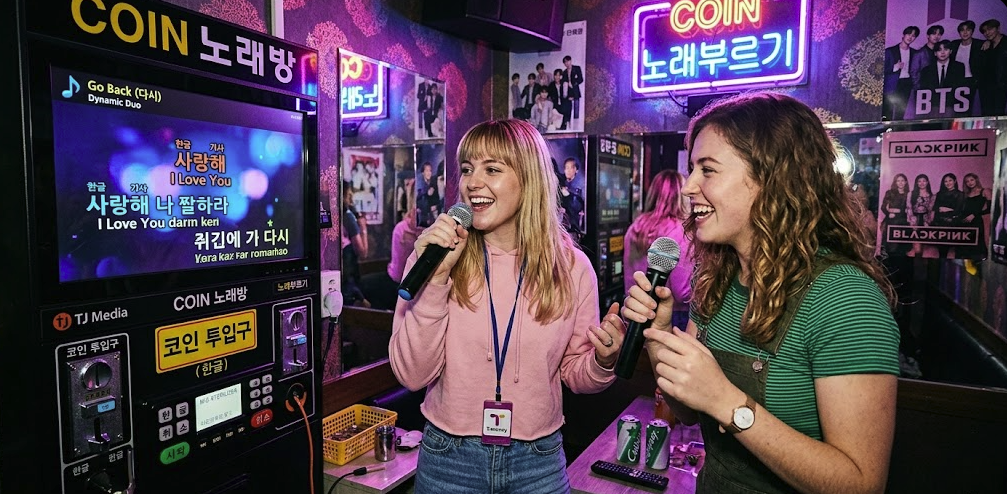 foreigners-enjoying-coin-noraebang-seoul How to use coin noraebang in Korea as foreign visitors enjoy a lively Seoul karaoke booth with microphones and colorful lights
