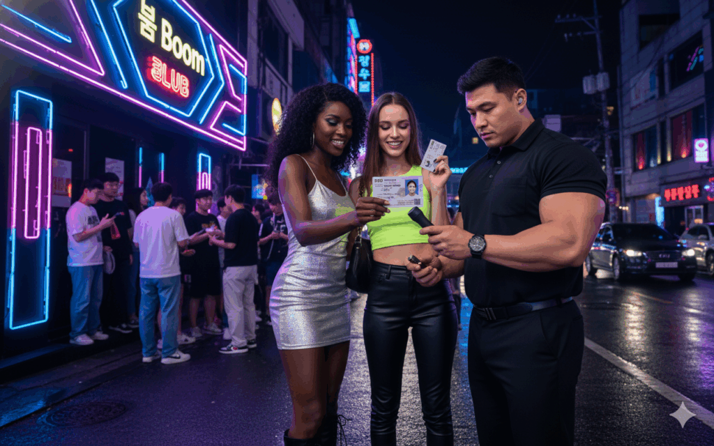Foreign residents presenting their Alien Registration Cards (ARC) to enter a nightclub in Seoul, South Korea.