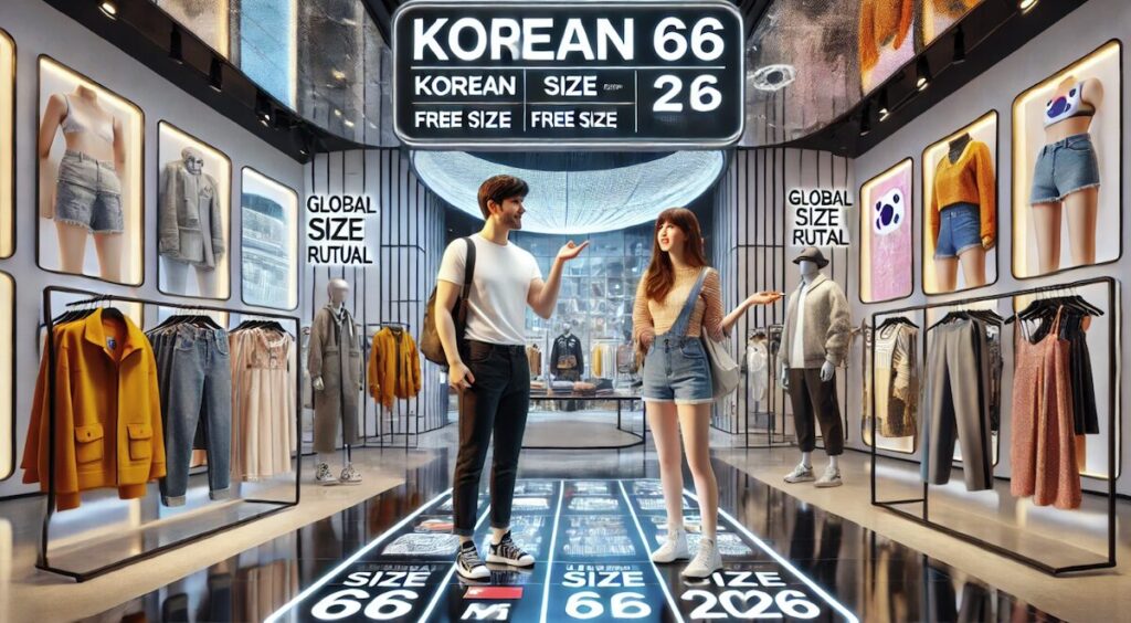 foreigners-size-guide-struggle-seoul Two Western female expats in a brightly lit global flagship store in Myeongdong, Seoul, in 2026, visibly confused and amused over sizing as they hold up garments with 'KOREAN 66 (M)' and 'FREE SIZE (F)' tags. They are pointing to the differences, including a 'Global Size Conversion Ritual 2026' chart in the foreground.