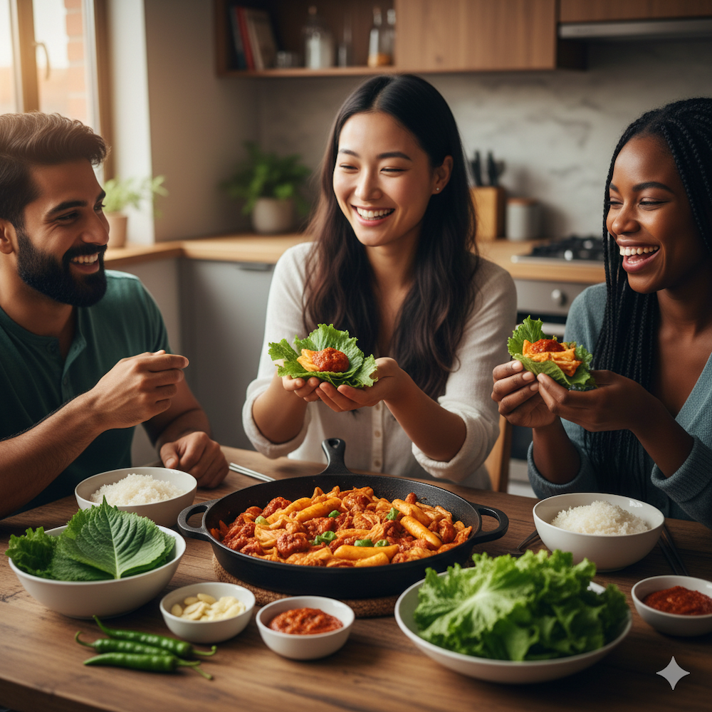 Three diverse friends happily sharing homemade Ssam (lettuce wraps) with Dakgalbi, embodying Korean Ssam Culture and dining etiquette.