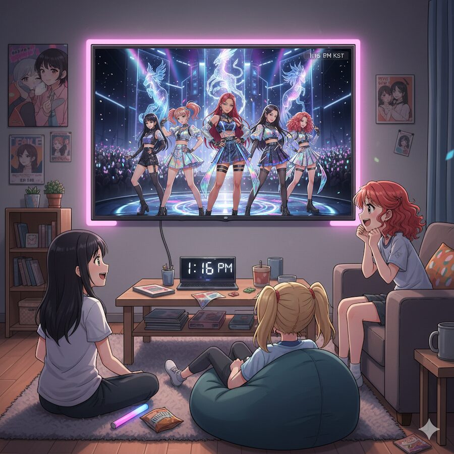 global-fans-watching-k-pop-global-icons-tv Young fans enthusiastically watching a performance of K-pop global icons on TV, captured in a vibrant anime style that reflects global cultural fandom.