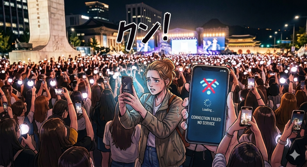 gwanghwamun-bts-concert-animated-no-service-tourist A high-quality anime-style digital illustration capturing a young Western female tourist with light brown hair (inspired by image_0.png) standing amidst a dense, glowing crowd at Gwanghwamun Square during the 2026 BTS concert at night. She looks distressed, holding her smartphone, which is prominently marked with a large red 'X' over the connection icon. Directly above her head, a prominent Korean-style **'쾅!'** (shock/panic) sound effect is written in large stylized Hangul characters, reflecting her sudden realization of a network jam. Hundreds of light sticks blur around her under the electric atmosphere, illustrating the total digital blackout. This animated visual serves as a compelling narrative hook for global travelers seeking a **Seoul digital survival guide 2026** to navigate such intense crowd densities.
