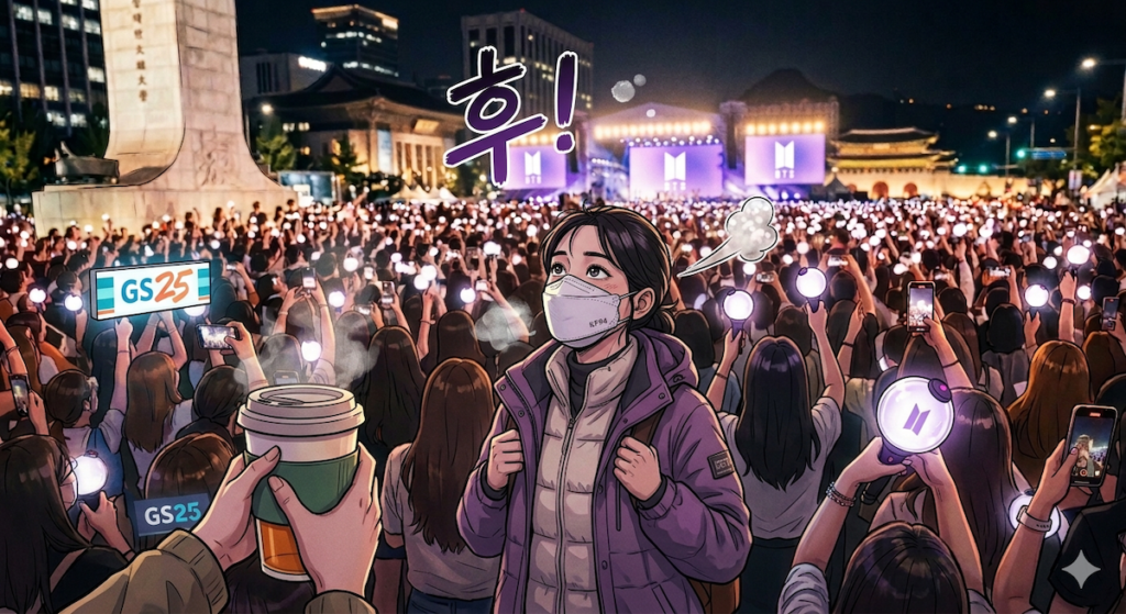 A high-quality anime-style digital illustration of a young female tourist at the Seoul BTS concert location 2026 in Gwanghwamun Square at night. She is wearing a professional KF94 mask to block fine dust and a purple layered windbreaker to survive the 2°C building wind. In the foreground, a steaming cup of Kwangdong Corn Silk Tea from a nearby GS25 is held, with a stylized Korean '후!' (steam/breath) effect rising from her mask to illustrate the cold atmospheric ritual. The background shows a dense, glowing crowd of 260,000 ARMYs with light sticks, perfectly capturing the dual-climate challenge of the March 21st comeback.